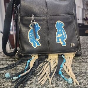 The Sak Black and Blue Fringe Crossbody Bag- 10×10×3